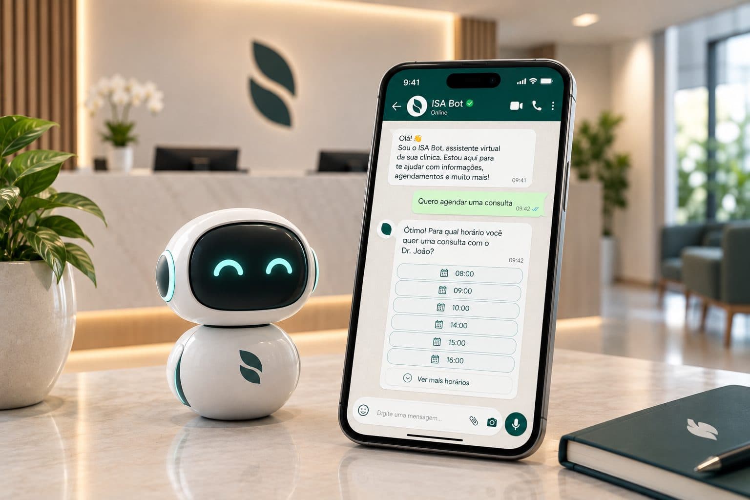 Robô assistente ao lado de um celular com o ISA Bot agendando uma consulta