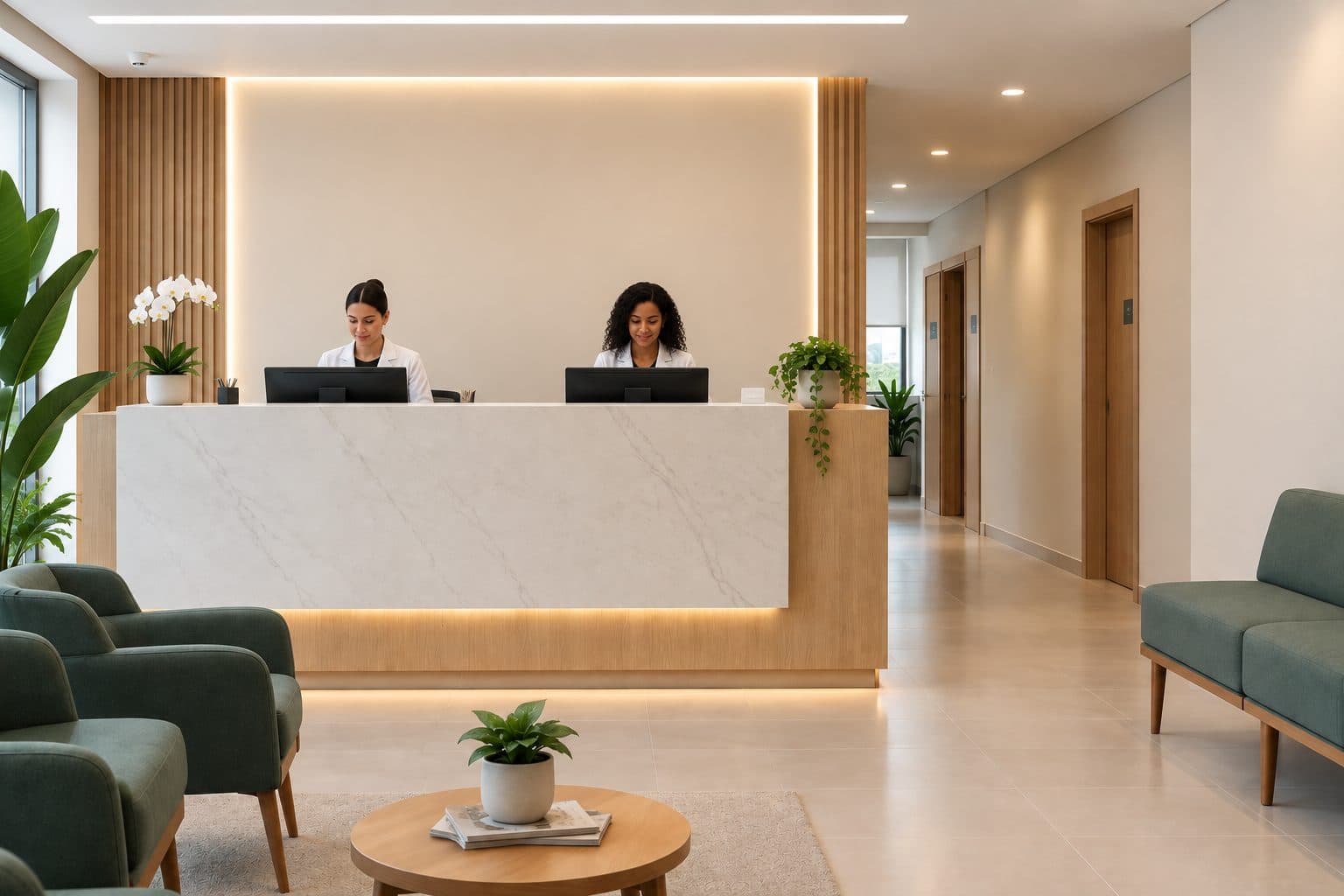 Recepção de clínica moderna com duas atendentes trabalhando nos computadores