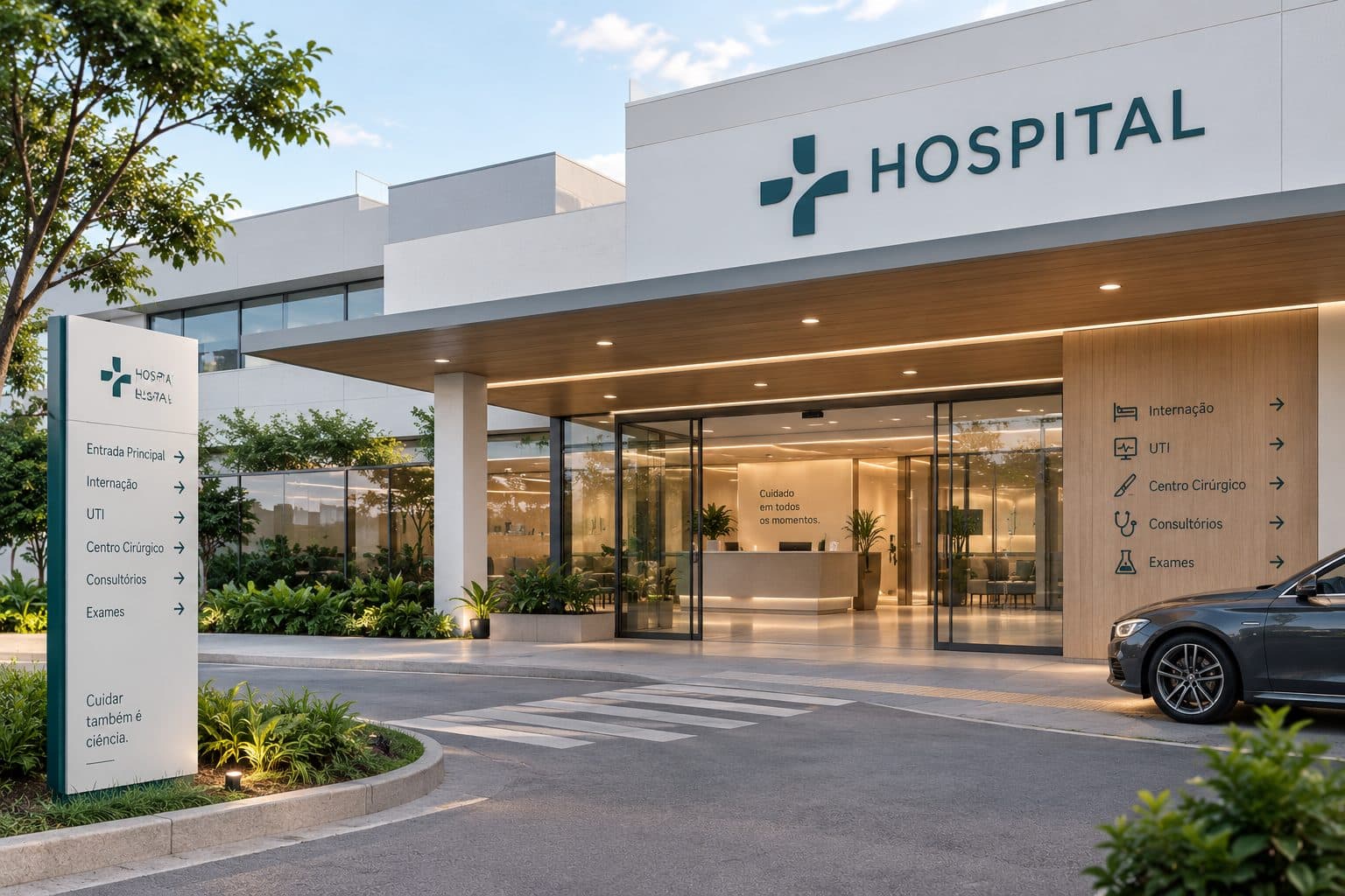 Fachada de hospital moderno com entrada envidraçada e sinalização